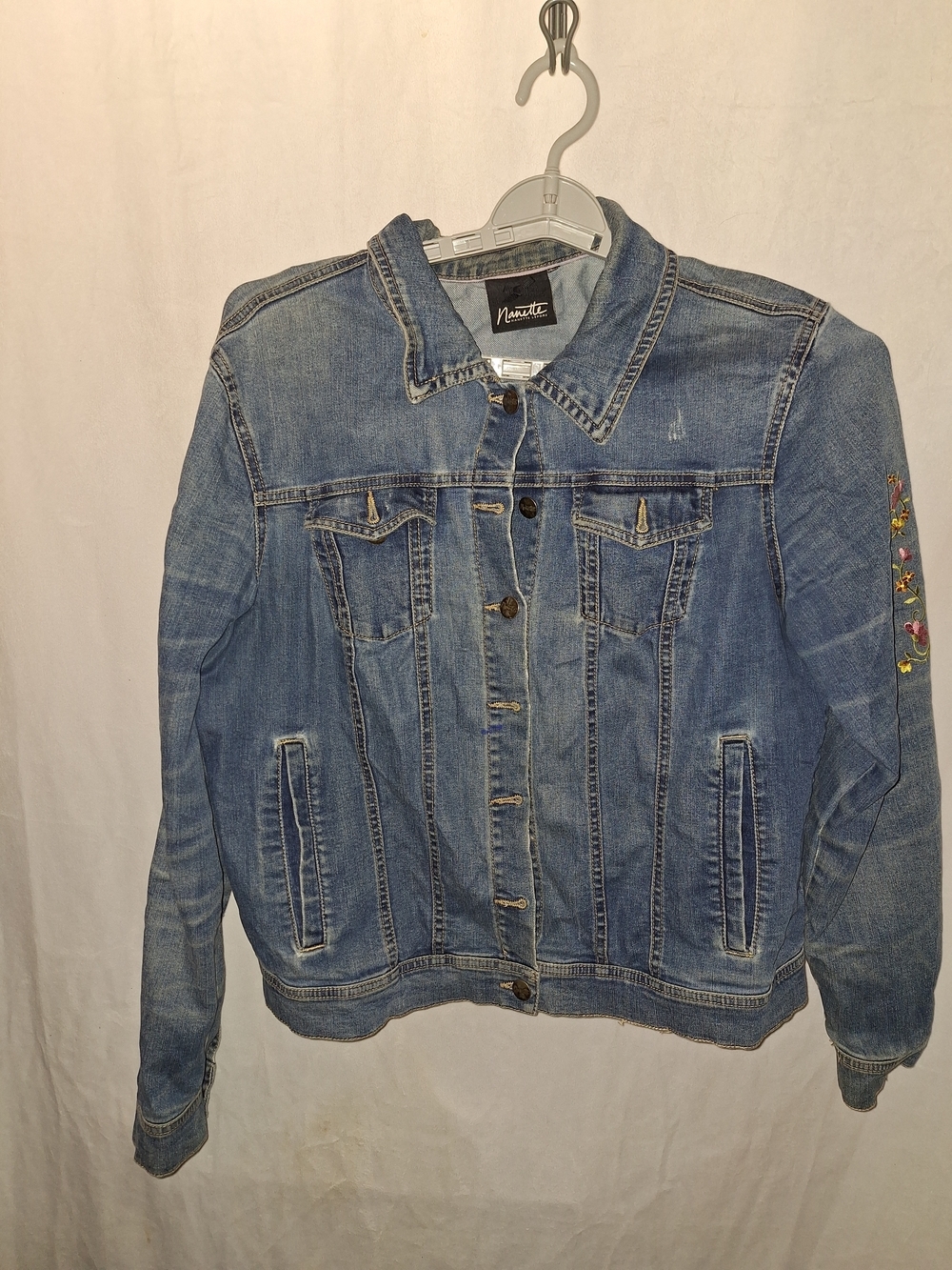 Nanette Lepore Light Blue Embroidered Sleeve Denim Jacket